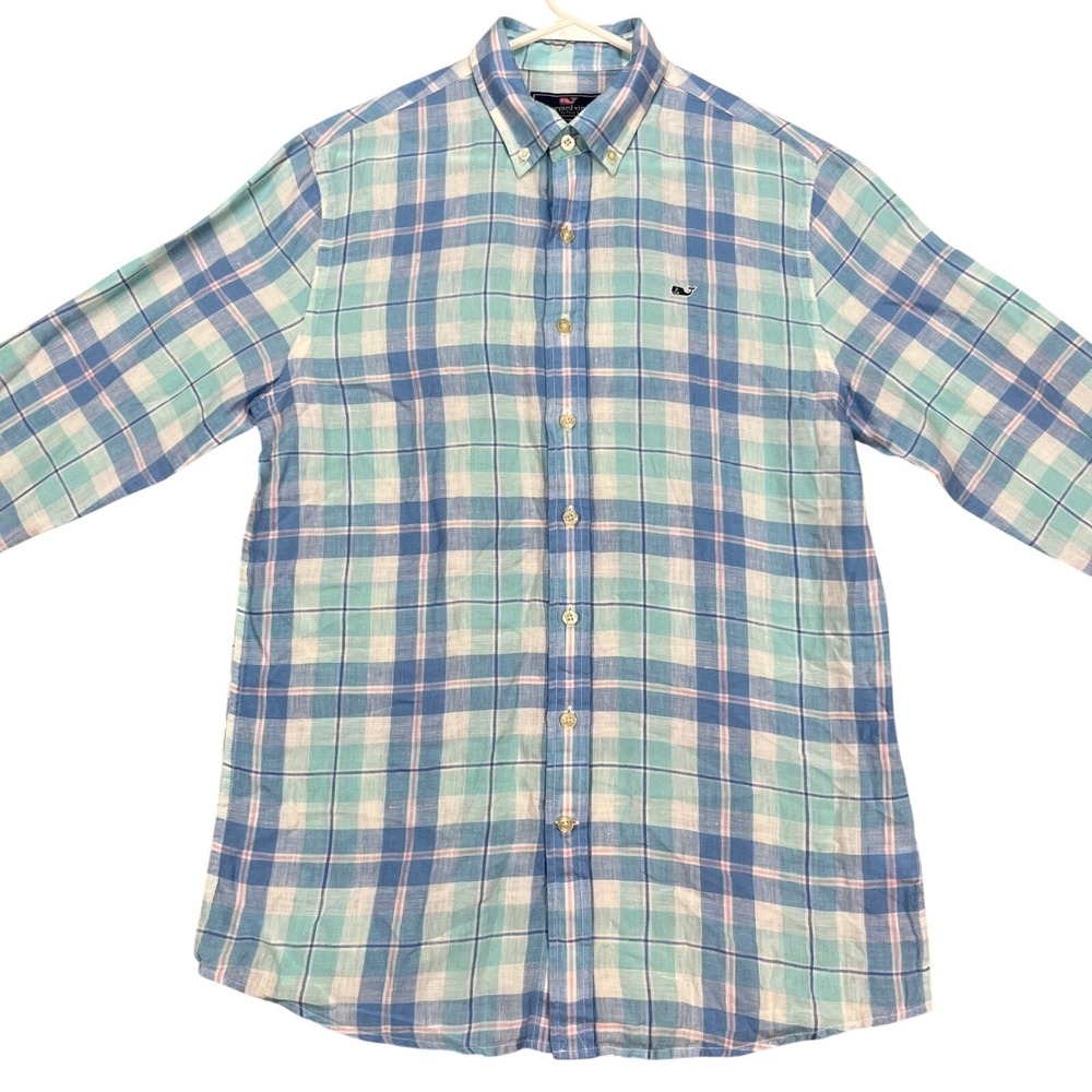 Vineyard Vines Shirt Mens XL Blue White Aqua Plaid Button Down 100% Linen EUC